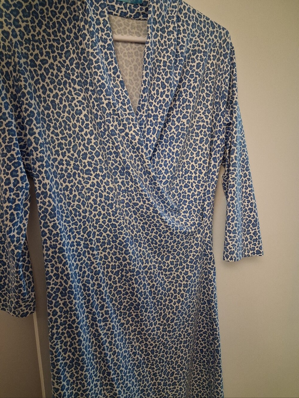 J. McLaughlin Blue and White Leopard-Print Faux Wrap Dress